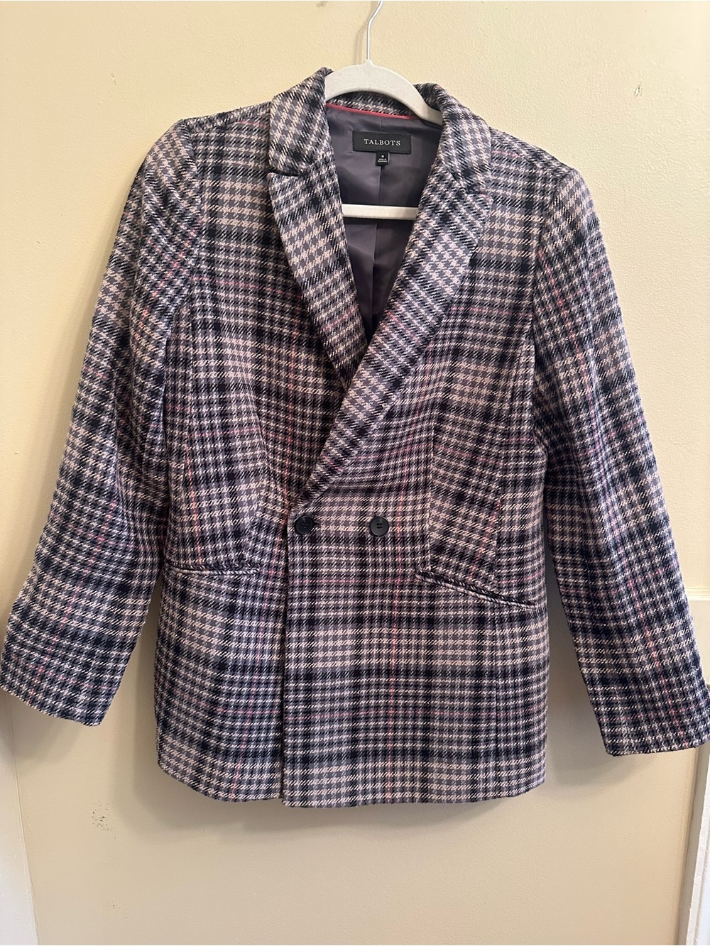 Talbots Women's Oversized Plaid Preppy Blazer in Sage, Black and Pink Size 8 - Picture 3 of 12